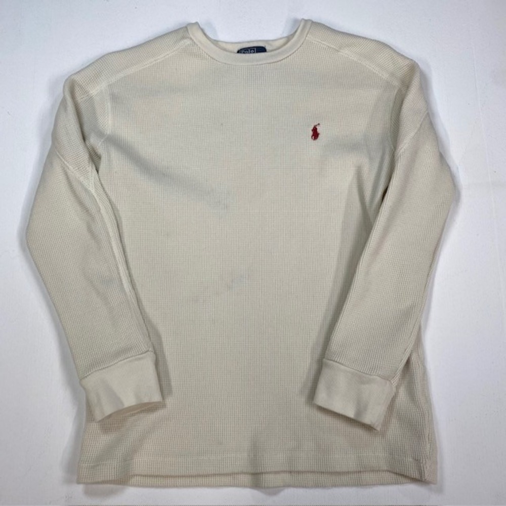 Polo Ralph Lauren Boy Large 14-16 Waffle Knit Thermal Shirt Cream White Red Pony